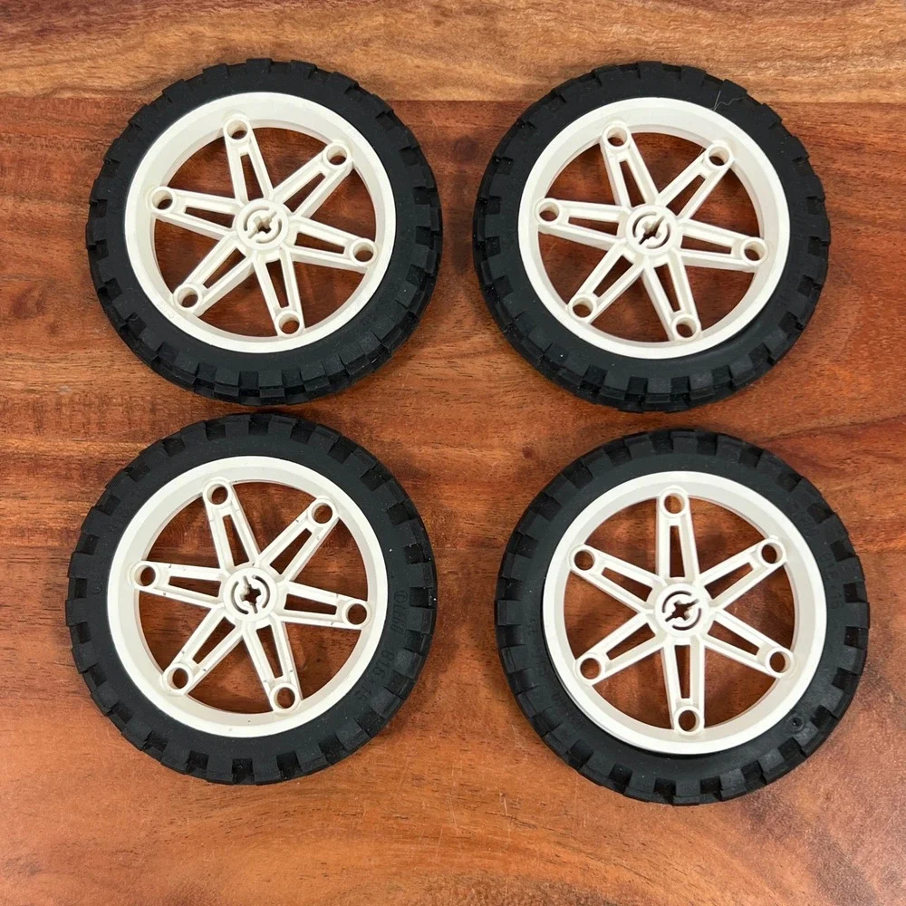 LEGO Technic Set of 4 White 6-Spoke Wheels with Black Knobby Tires 81.6 x 15